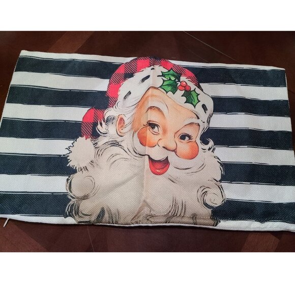 Santa Christmas Pillow Cover Holiday Decor Black Striped Xmas Accent Throw Case - Picture 1 of 8